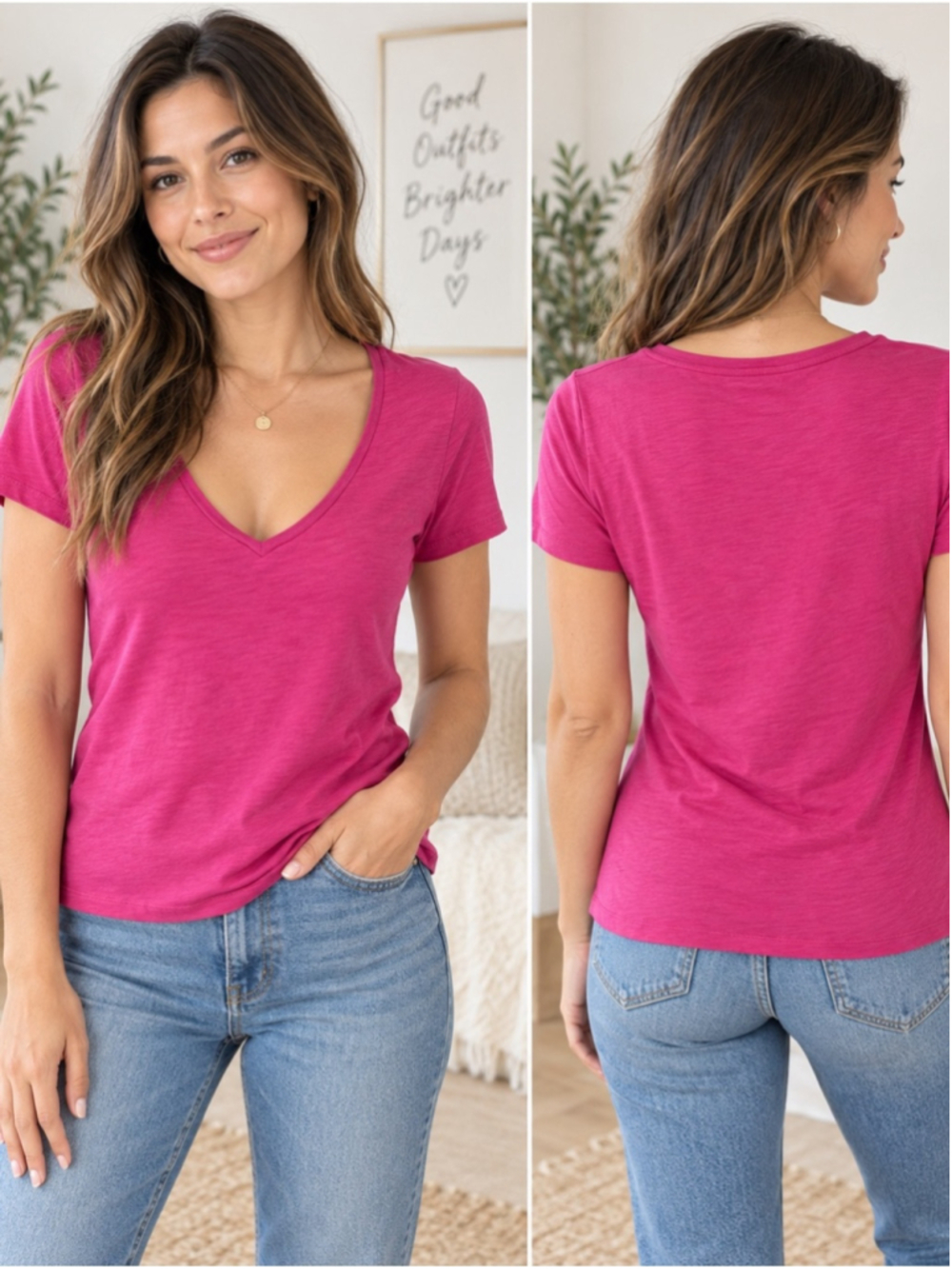 J Crew Vintage Everyday Cotton V-Neck Tee - Fuchsia Pink Size S Preppy